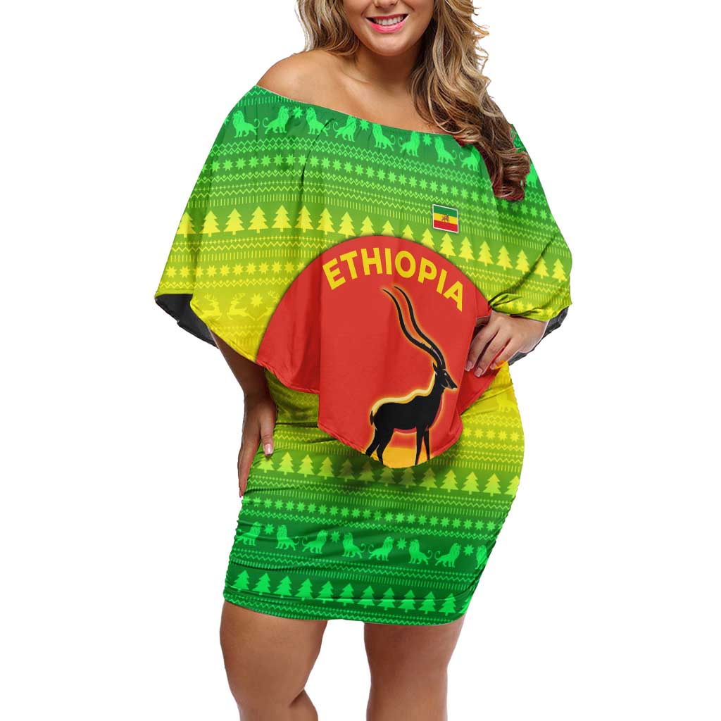 Ethiopia Christmas Family Matching Off Shoulder Short Dress and Hawaiian Shirt with Mountain Gazelle Sunset Ethiopian Flag Colors and Tribal Pattern Design - Wonder Print Shop