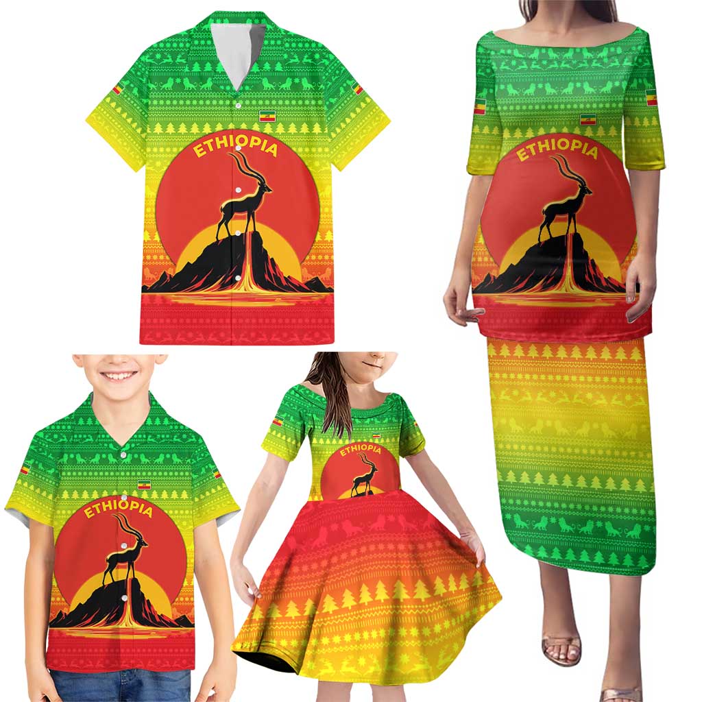Ethiopia Christmas Family Matching Puletasi and Hawaiian Shirt with Mountain Gazelle Sunset Ethiopian Flag Colors and Tribal Pattern Design - Wonder Print Shop