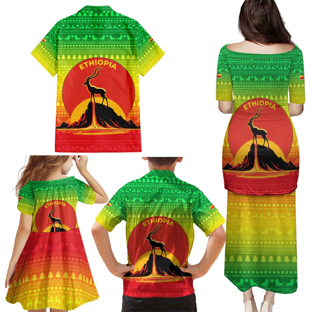 Ethiopia Christmas Family Matching Puletasi and Hawaiian Shirt with Mountain Gazelle Sunset Ethiopian Flag Colors and Tribal Pattern Design - Wonder Print Shop