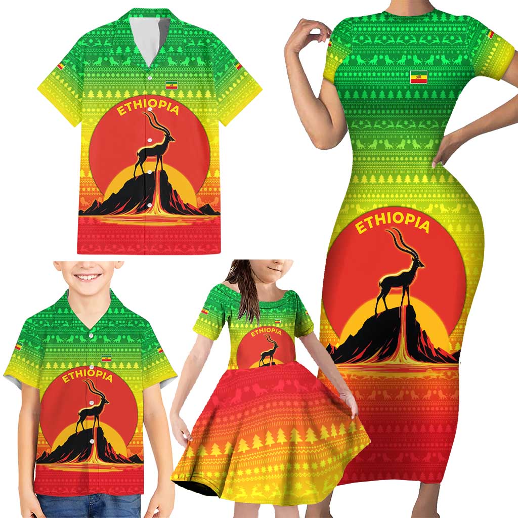 Ethiopia Christmas Family Matching Short Sleeve Bodycon Dress and Hawaiian Shirt with Mountain Gazelle Sunset Ethiopian Flag Colors and Tribal Pattern Design - Wonder Print Shop