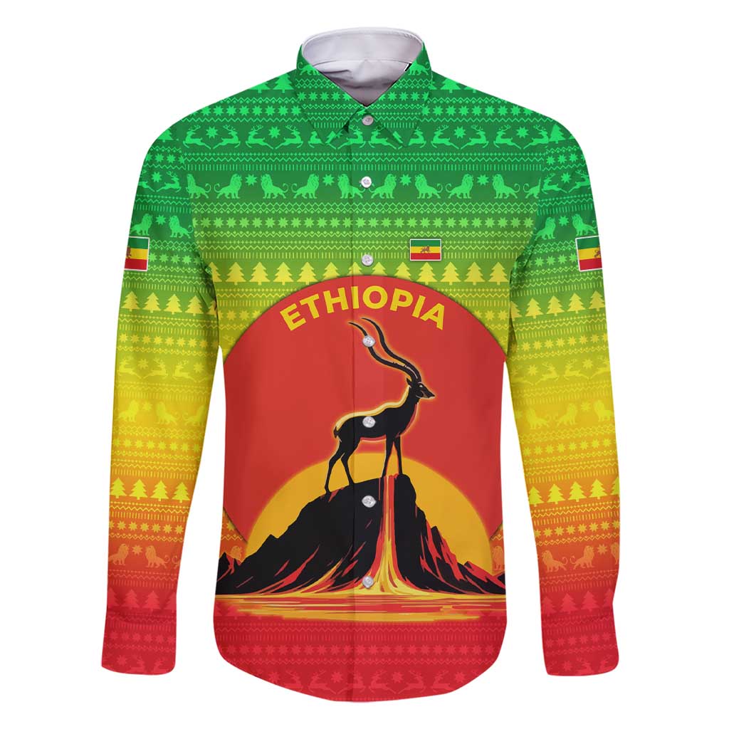 Ethiopia Christmas Family Matching Short Sleeve Bodycon Dress and Hawaiian Shirt with Mountain Gazelle Sunset Ethiopian Flag Colors and Tribal Pattern Design - Wonder Print Shop