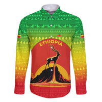 Ethiopia Christmas Family Matching Short Sleeve Bodycon Dress and Hawaiian Shirt with Mountain Gazelle Sunset Ethiopian Flag Colors and Tribal Pattern Design - Wonder Print Shop