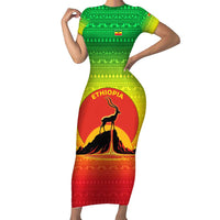 Ethiopia Christmas Family Matching Short Sleeve Bodycon Dress and Hawaiian Shirt with Mountain Gazelle Sunset Ethiopian Flag Colors and Tribal Pattern Design - Wonder Print Shop