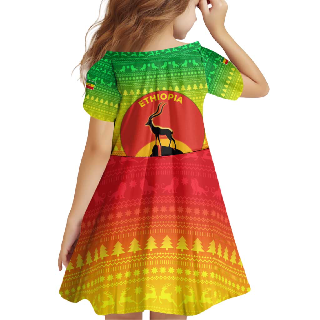Ethiopia Christmas Family Matching Summer Maxi Dress and Hawaiian Shirt with Mountain Gazelle Sunset Ethiopian Flag Colors and Tribal Pattern Design - Wonder Print Shop