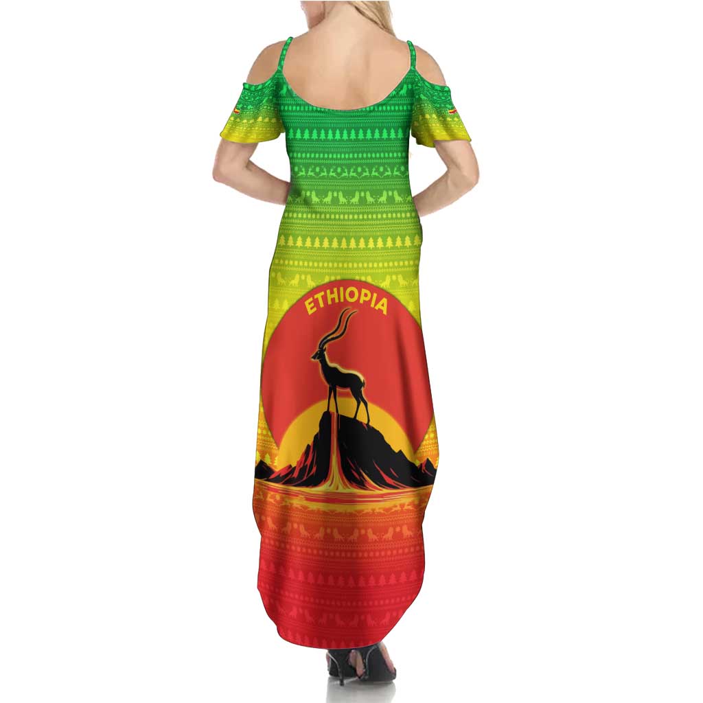Ethiopia Christmas Family Matching Summer Maxi Dress and Hawaiian Shirt with Mountain Gazelle Sunset Ethiopian Flag Colors and Tribal Pattern Design - Wonder Print Shop