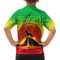 Ethiopia Christmas Family Matching Tank Maxi Dress and Hawaiian Shirt with Mountain Gazelle Sunset Ethiopian Flag Colors and Tribal Pattern Design - Wonder Print Shop
