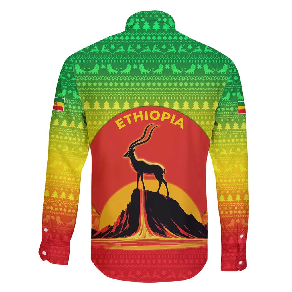 Ethiopia Christmas Family Matching Tank Maxi Dress and Hawaiian Shirt with Mountain Gazelle Sunset Ethiopian Flag Colors and Tribal Pattern Design - Wonder Print Shop