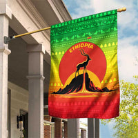 Ethiopia Christmas Garden Flag with Mountain Gazelle Sunset Ethiopian Flag Colors and Tribal Pattern Design - Wonder Print Shop