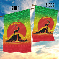 Ethiopia Christmas Garden Flag with Mountain Gazelle Sunset Ethiopian Flag Colors and Tribal Pattern Design - Wonder Print Shop
