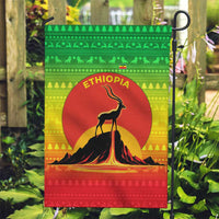 Ethiopia Christmas Garden Flag with Mountain Gazelle Sunset Ethiopian Flag Colors and Tribal Pattern Design - Wonder Print Shop