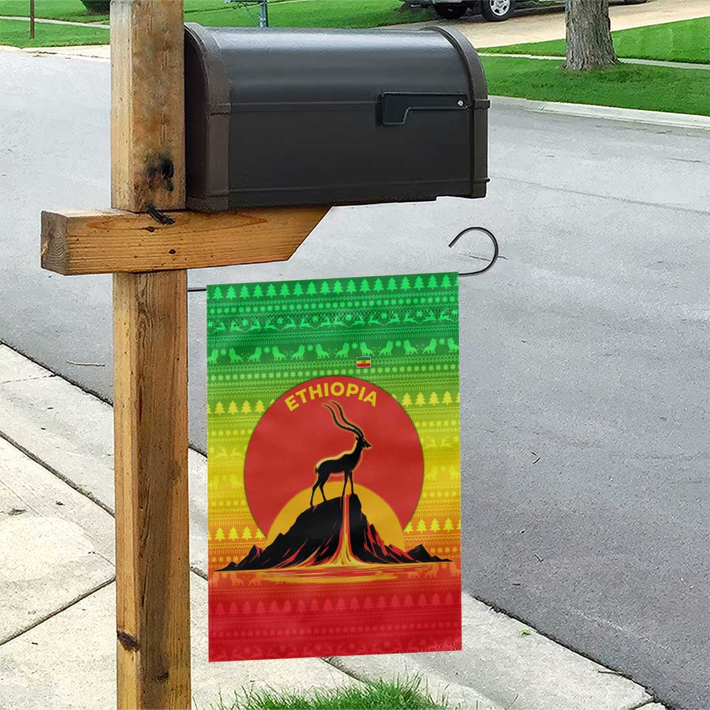 Ethiopia Christmas Garden Flag with Mountain Gazelle Sunset Ethiopian Flag Colors and Tribal Pattern Design - Wonder Print Shop