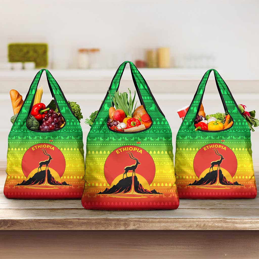 Ethiopia Christmas Grocery Bag with Mountain Gazelle Sunset Ethiopian Flag Colors and Tribal Pattern Design - Wonder Print Shop