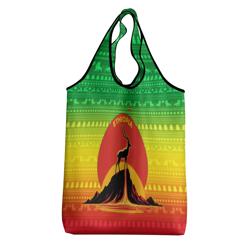 Ethiopia Christmas Grocery Bag with Mountain Gazelle Sunset Ethiopian Flag Colors and Tribal Pattern Design - Wonder Print Shop