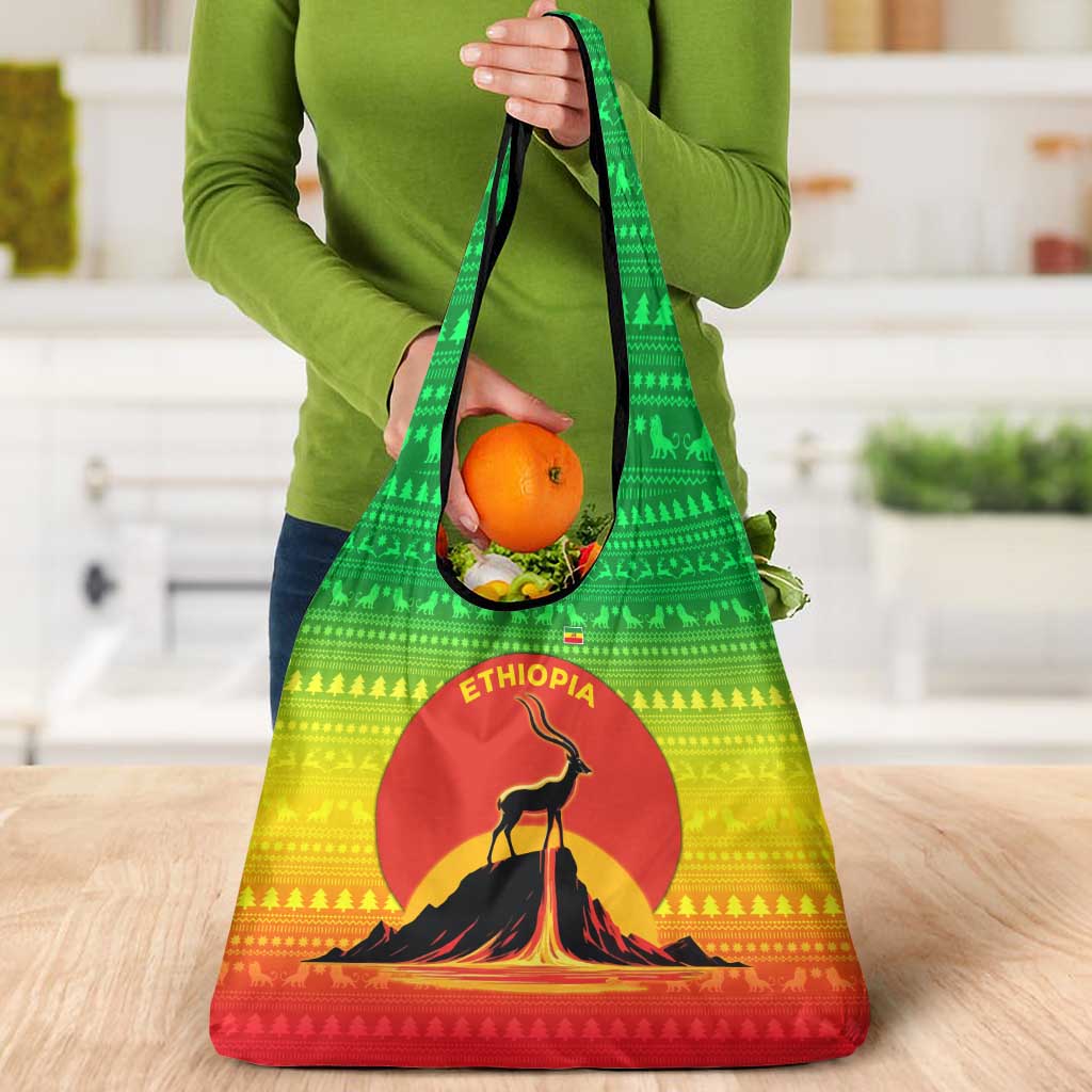 Ethiopia Christmas Grocery Bag with Mountain Gazelle Sunset Ethiopian Flag Colors and Tribal Pattern Design - Wonder Print Shop