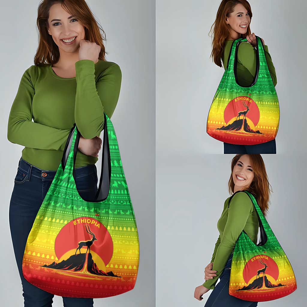 Ethiopia Christmas Grocery Bag with Mountain Gazelle Sunset Ethiopian Flag Colors and Tribal Pattern Design - Wonder Print Shop