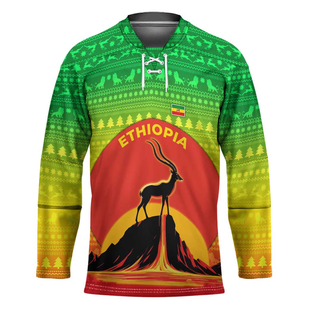 Ethiopia Christmas Hockey Jersey with Mountain Gazelle Sunset Ethiopian Flag Colors and Tribal Pattern Design - Wonder Print Shop