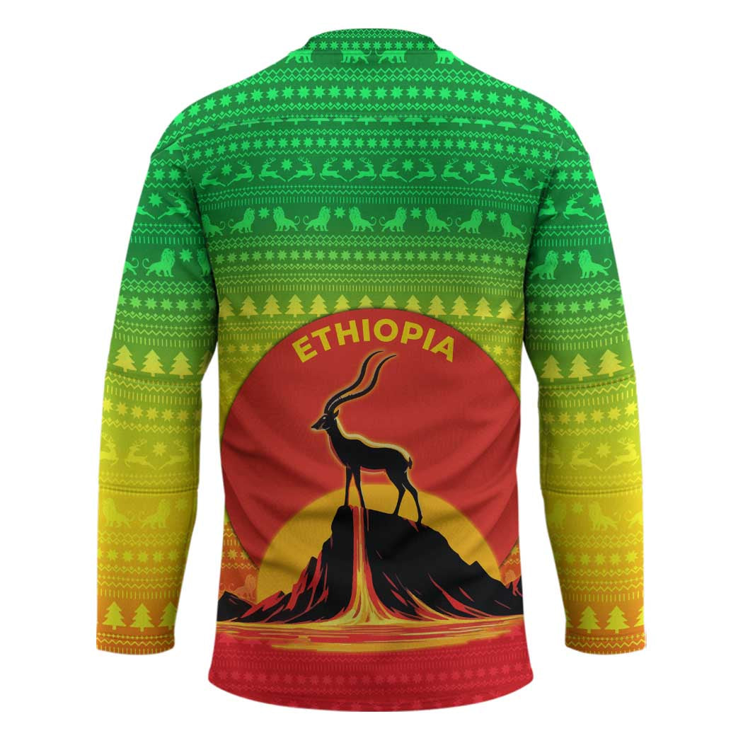 Ethiopia Christmas Hockey Jersey with Mountain Gazelle Sunset Ethiopian Flag Colors and Tribal Pattern Design - Wonder Print Shop