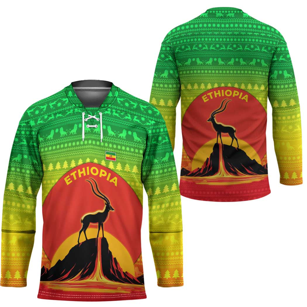 Ethiopia Christmas Hockey Jersey with Mountain Gazelle Sunset Ethiopian Flag Colors and Tribal Pattern Design - Wonder Print Shop