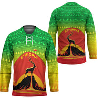 Ethiopia Christmas Hockey Jersey with Mountain Gazelle Sunset Ethiopian Flag Colors and Tribal Pattern Design - Wonder Print Shop
