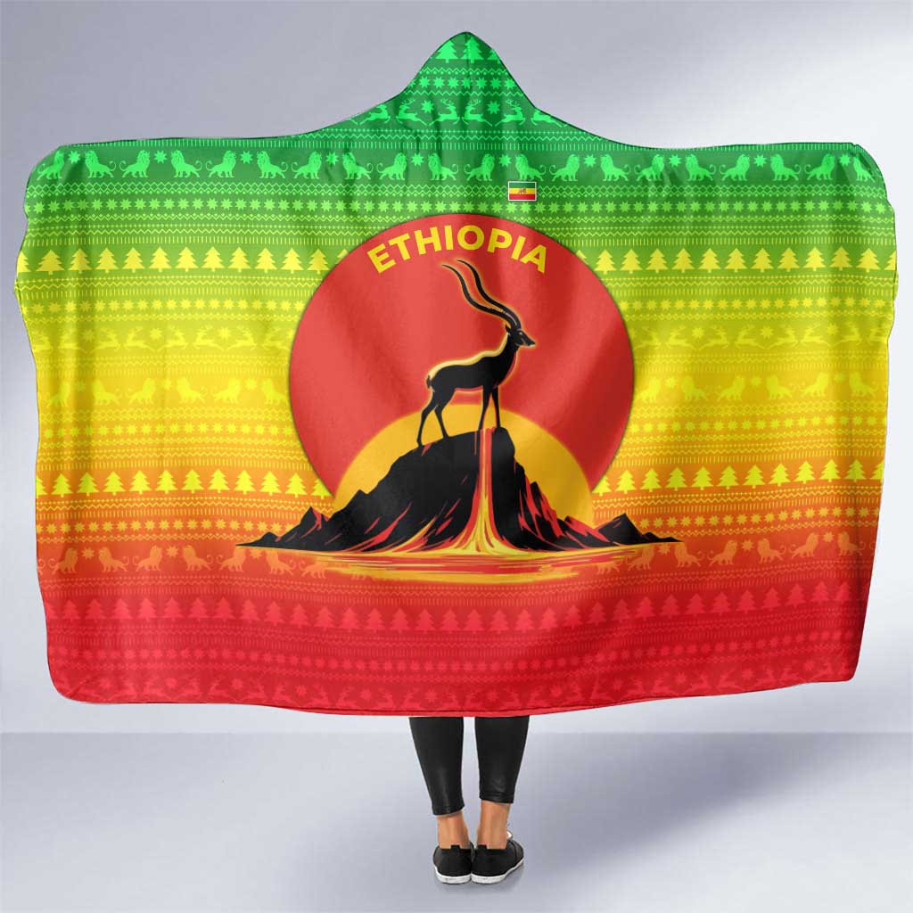 Ethiopia Christmas Hooded Blanket with Mountain Gazelle Sunset Ethiopian Flag Colors and Tribal Pattern Design - Wonder Print Shop
