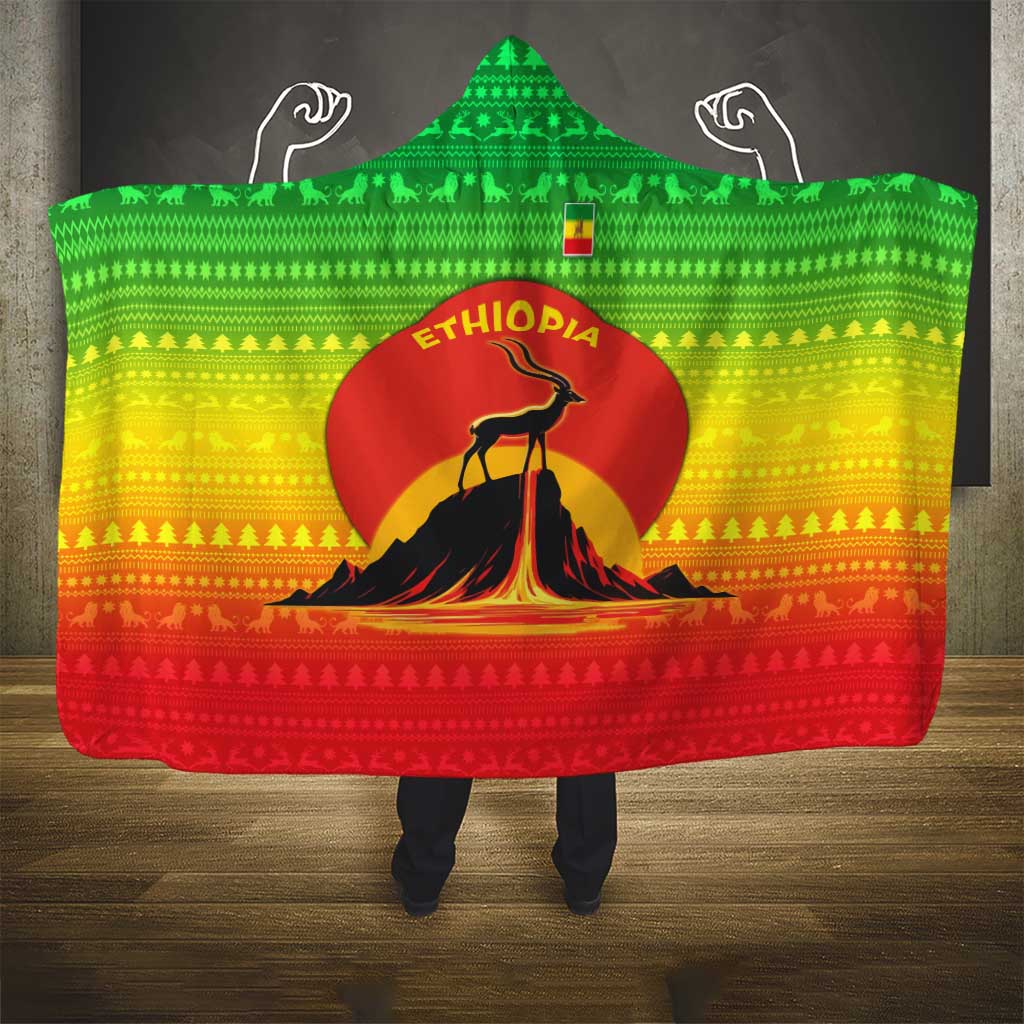 Ethiopia Christmas Hooded Blanket with Mountain Gazelle Sunset Ethiopian Flag Colors and Tribal Pattern Design - Wonder Print Shop