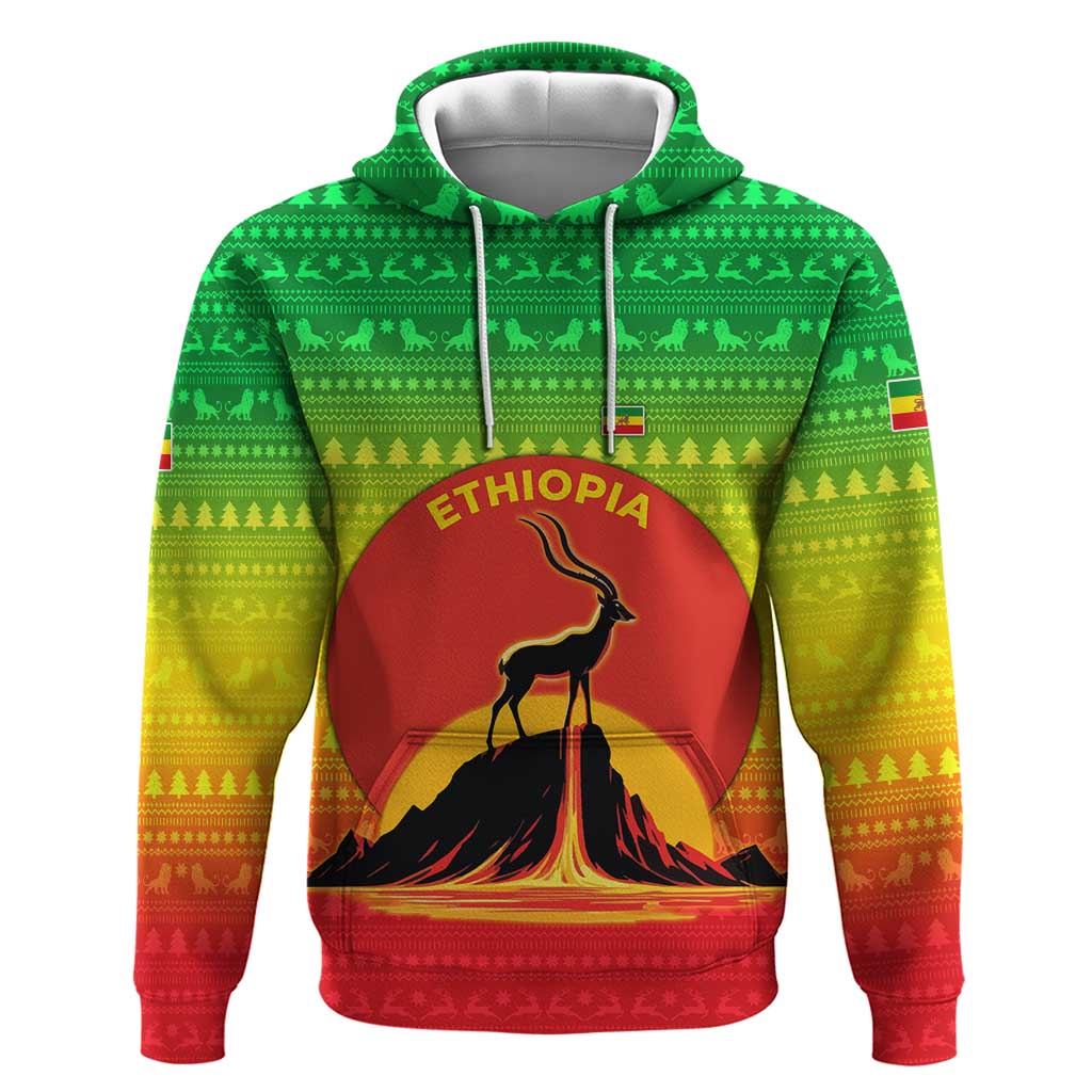 Ethiopia Christmas Hoodie with Mountain Gazelle Sunset Ethiopian Flag Colors and Tribal Pattern Design - Wonder Print Shop