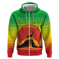 Ethiopia Christmas Hoodie with Mountain Gazelle Sunset Ethiopian Flag Colors and Tribal Pattern Design - Wonder Print Shop