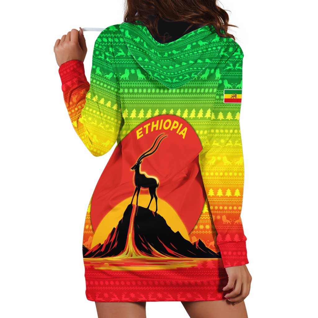 Ethiopia Christmas Hoodie Dress with Mountain Gazelle Sunset Ethiopian Flag Colors and Tribal Pattern Design - Wonder Print Shop