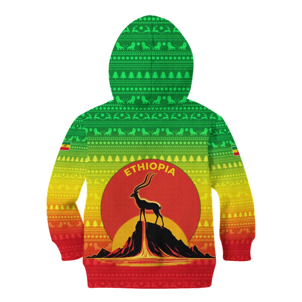 Ethiopia Christmas Kid Hoodie with Mountain Gazelle Sunset Ethiopian Flag Colors and Tribal Pattern Design - Wonder Print Shop