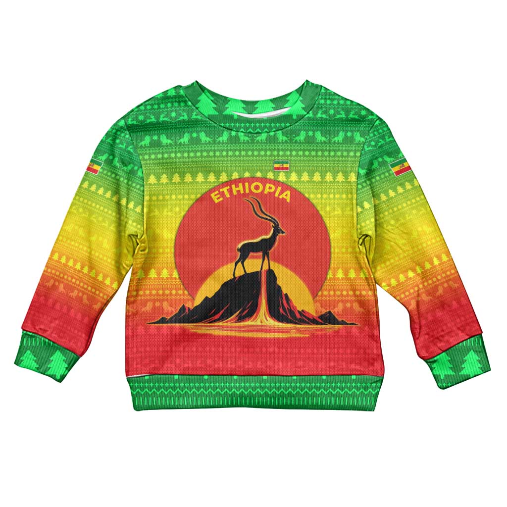 Ethiopia Christmas Kid Ugly Christmas Sweater with Mountain Gazelle Sunset Ethiopian Flag Colors and Tribal Pattern Design - Wonder Print Shop