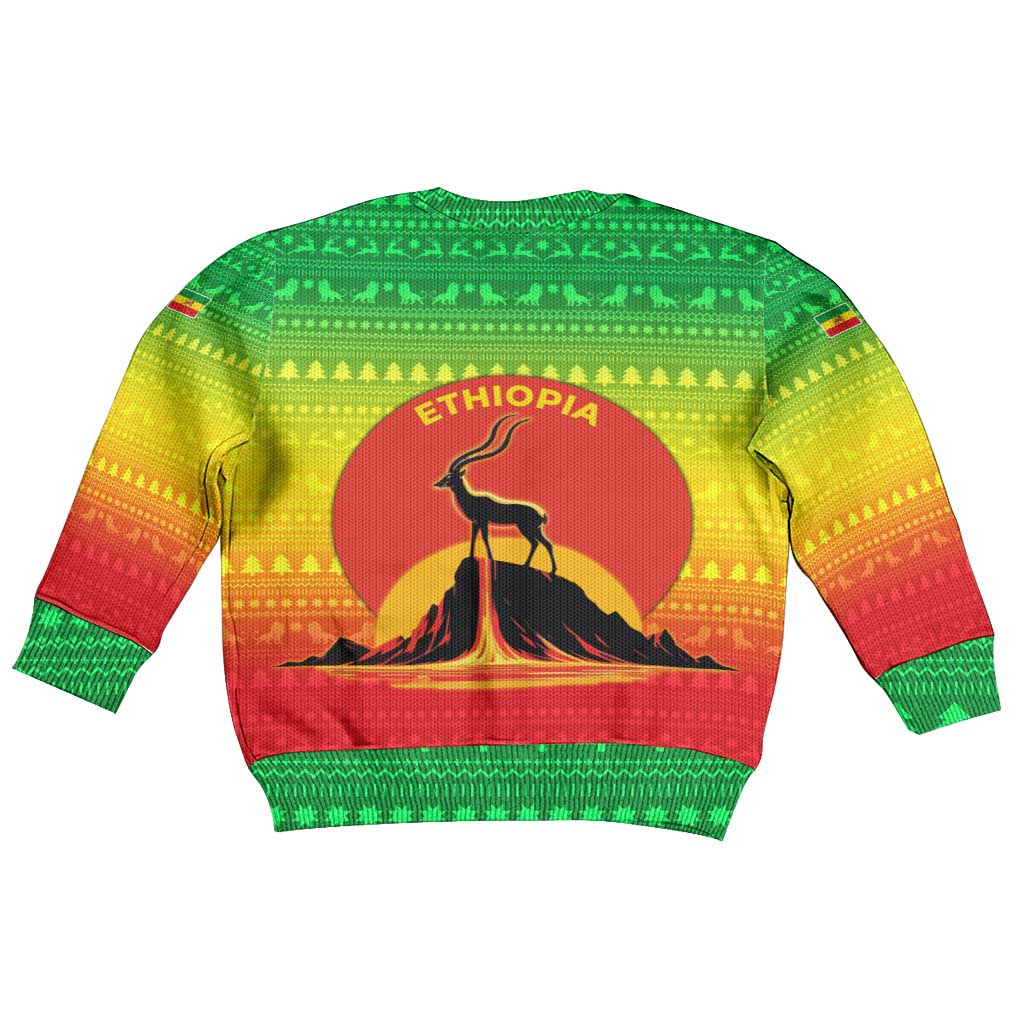 Ethiopia Christmas Kid Ugly Christmas Sweater with Mountain Gazelle Sunset Ethiopian Flag Colors and Tribal Pattern Design - Wonder Print Shop