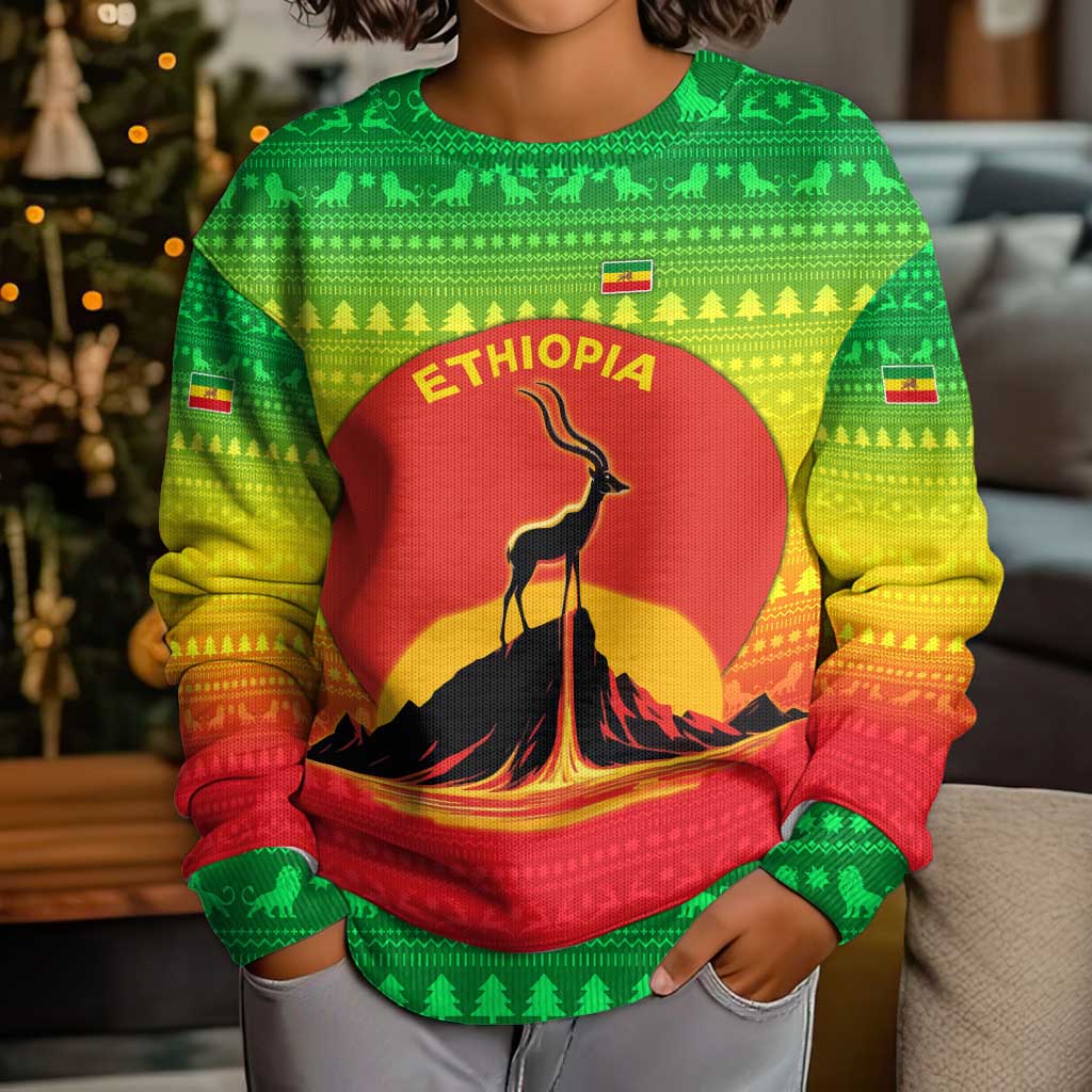 Ethiopia Christmas Kid Ugly Christmas Sweater with Mountain Gazelle Sunset Ethiopian Flag Colors and Tribal Pattern Design - Wonder Print Shop