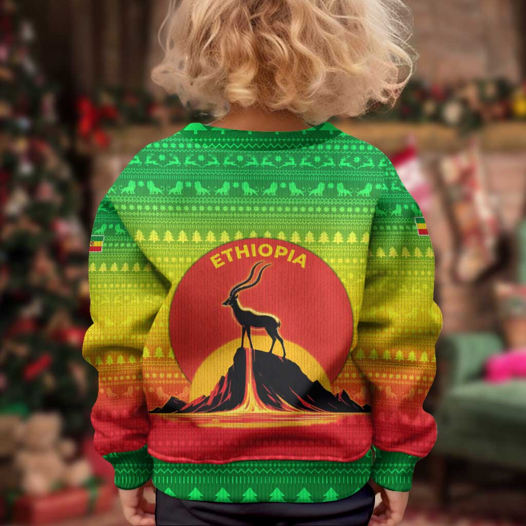 Ethiopia Christmas Kid Ugly Christmas Sweater with Mountain Gazelle Sunset Ethiopian Flag Colors and Tribal Pattern Design - Wonder Print Shop