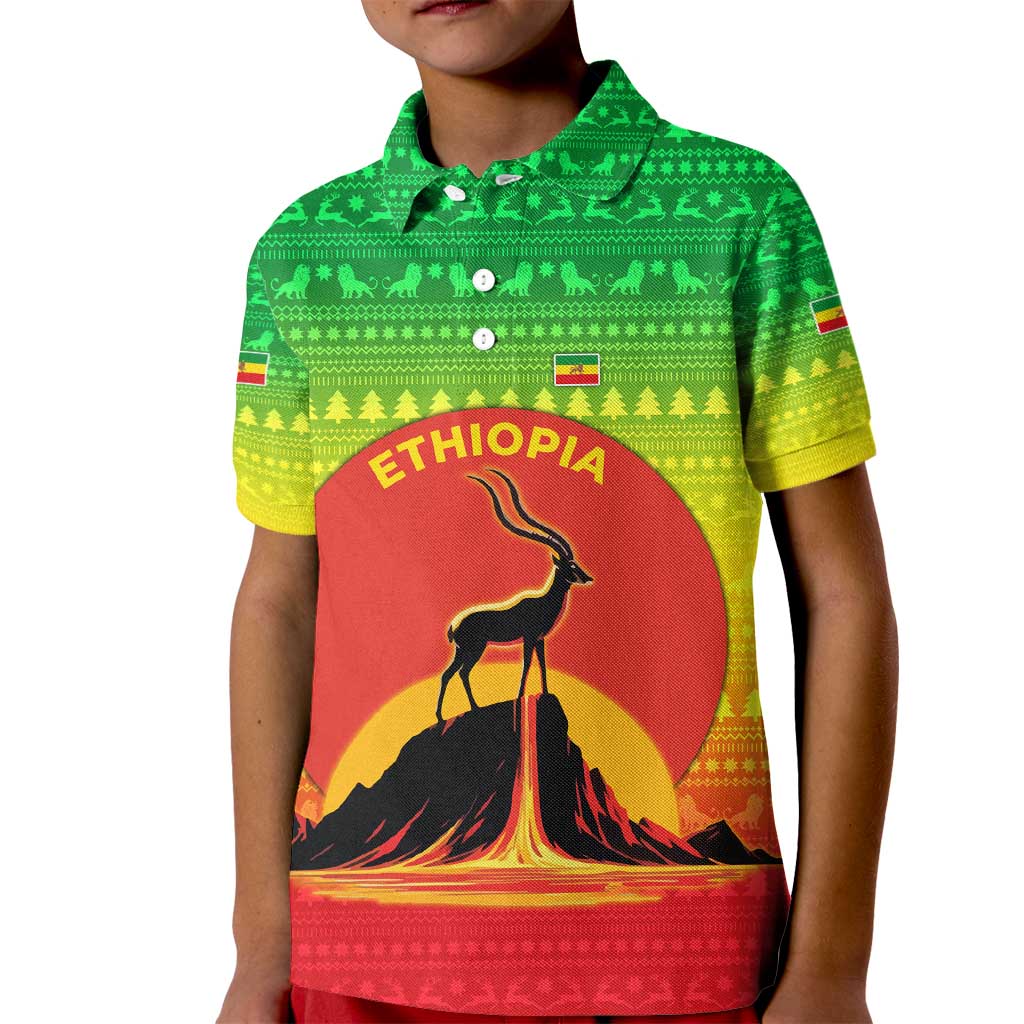 Ethiopia Christmas Kid Polo Shirt with Mountain Gazelle Sunset Ethiopian Flag Colors and Tribal Pattern Design - Wonder Print Shop