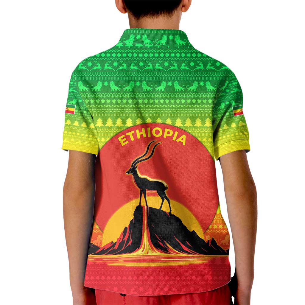 Ethiopia Christmas Kid Polo Shirt with Mountain Gazelle Sunset Ethiopian Flag Colors and Tribal Pattern Design - Wonder Print Shop