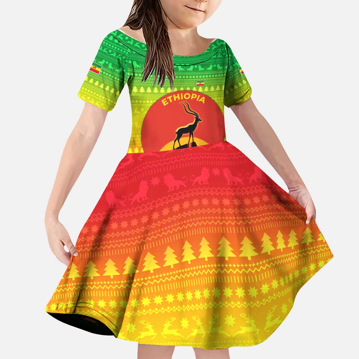 Ethiopia Christmas Kid Short Sleeve Dress with Mountain Gazelle Sunset Ethiopian Flag Colors and Tribal Pattern Design - Wonder Print Shop