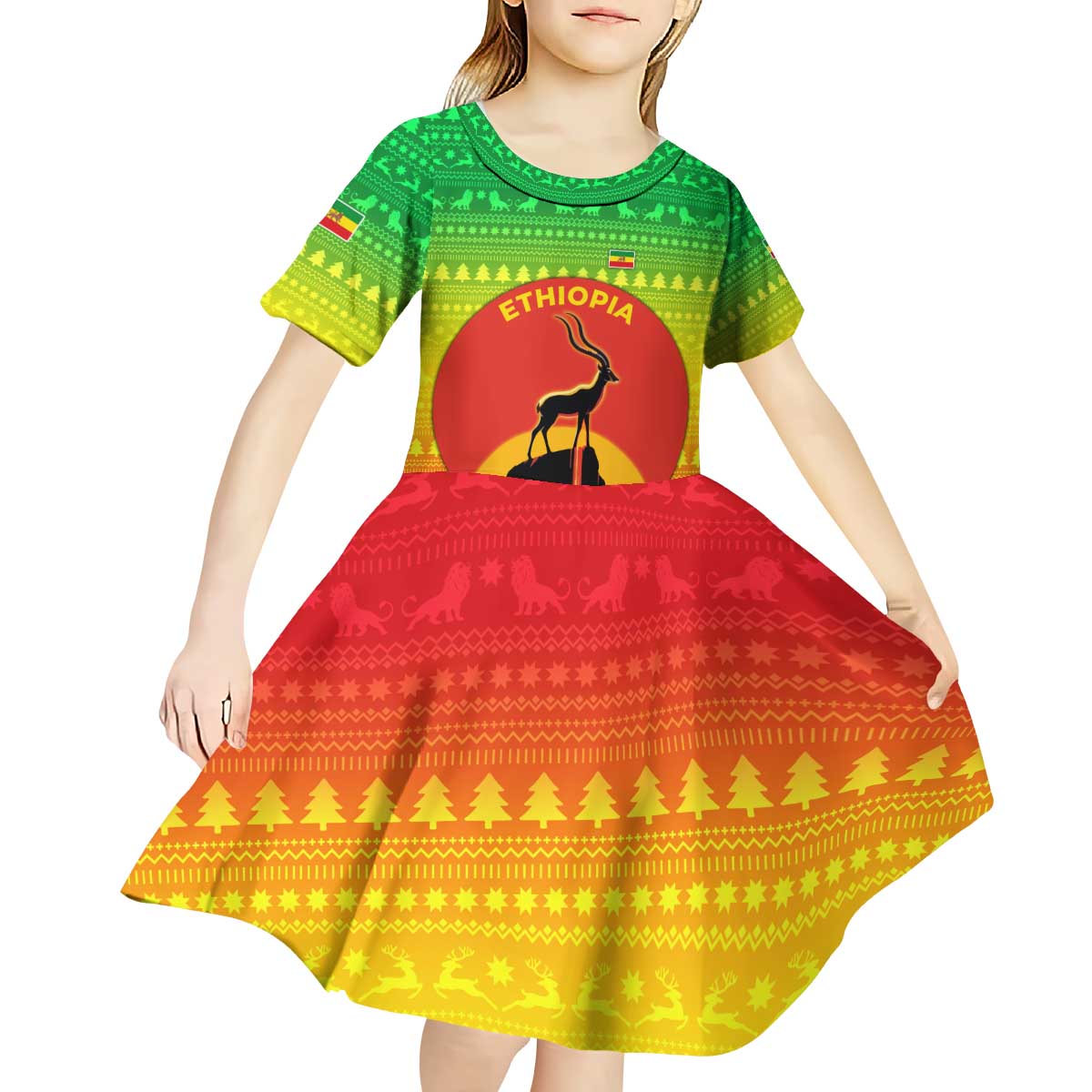 Ethiopia Christmas Kid Short Sleeve Dress with Mountain Gazelle Sunset Ethiopian Flag Colors and Tribal Pattern Design - Wonder Print Shop