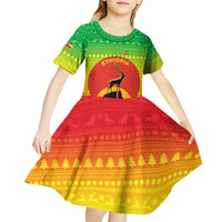 Ethiopia Christmas Kid Short Sleeve Dress with Mountain Gazelle Sunset Ethiopian Flag Colors and Tribal Pattern Design - Wonder Print Shop