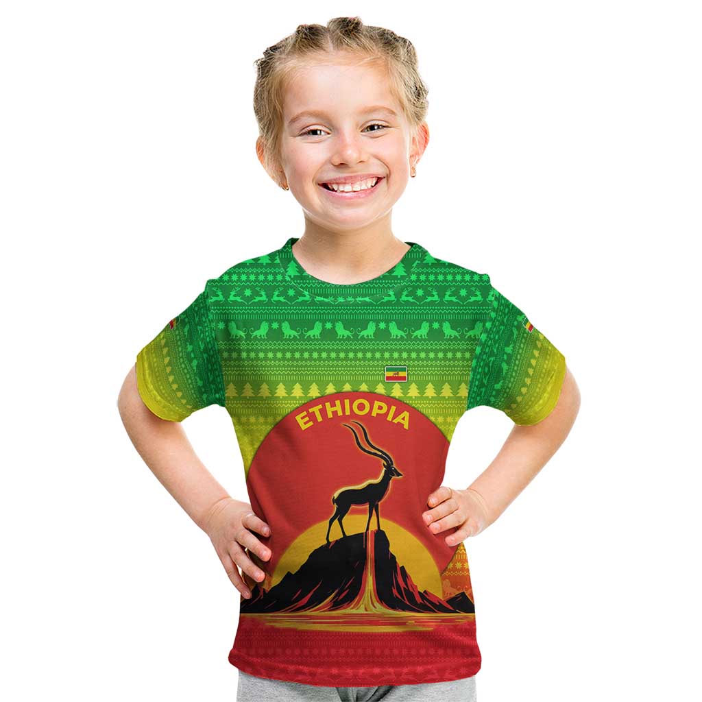 Ethiopia Christmas Kid T Shirt with Mountain Gazelle Sunset Ethiopian Flag Colors and Tribal Pattern Design - Wonder Print Shop