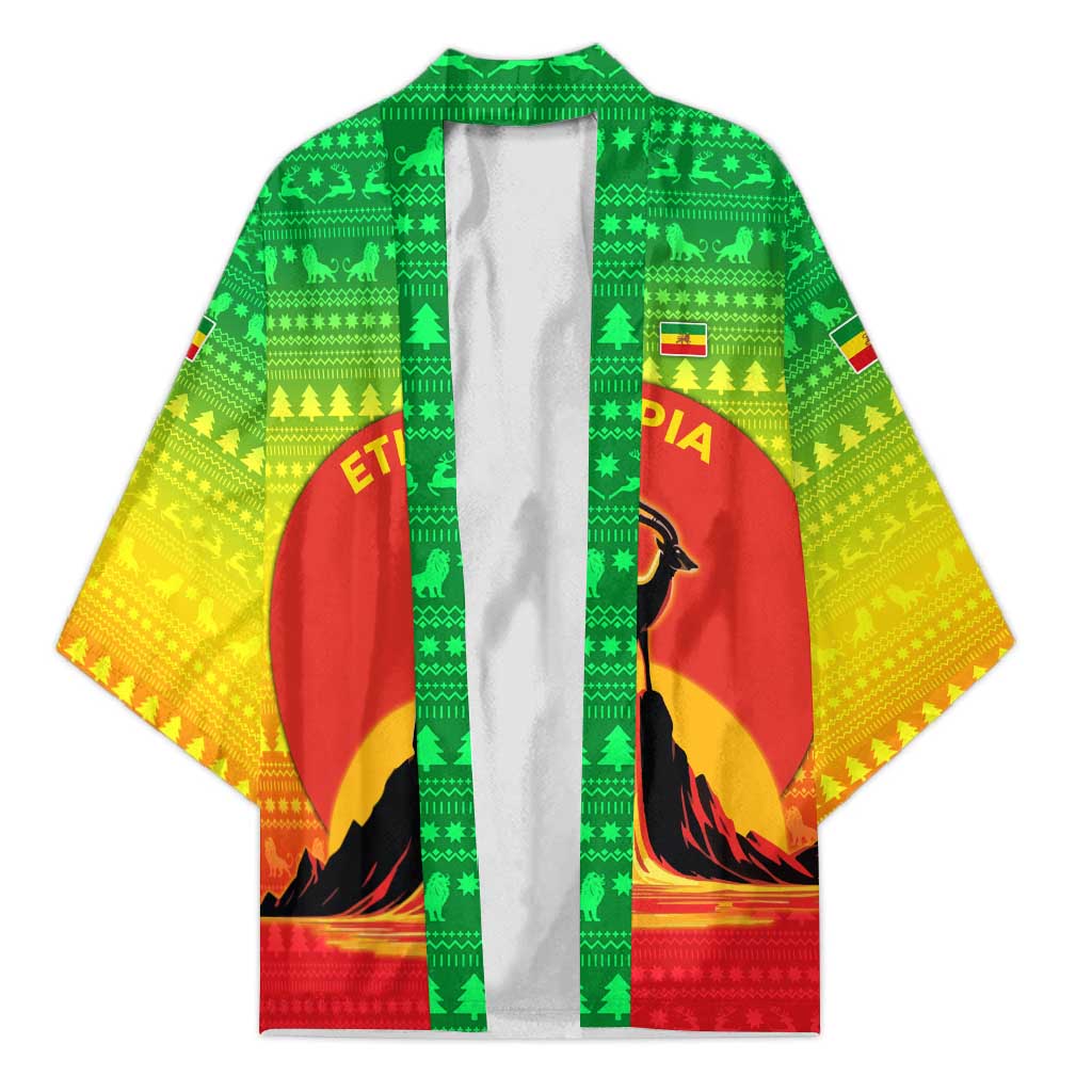 Ethiopia Christmas Kimono with Mountain Gazelle Sunset Ethiopian Flag Colors and Tribal Pattern Design - Wonder Print Shop