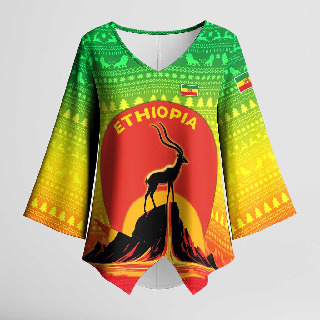 Ethiopia Christmas Kimono Sleeve Blouse with Mountain Gazelle Sunset Ethiopian Flag Colors and Tribal Pattern Design - Wonder Print Shop