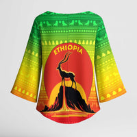 Ethiopia Christmas Kimono Sleeve Blouse with Mountain Gazelle Sunset Ethiopian Flag Colors and Tribal Pattern Design - Wonder Print Shop
