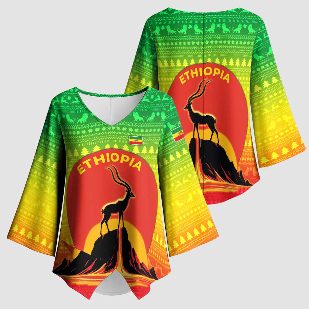 Ethiopia Christmas Kimono Sleeve Blouse with Mountain Gazelle Sunset Ethiopian Flag Colors and Tribal Pattern Design - Wonder Print Shop