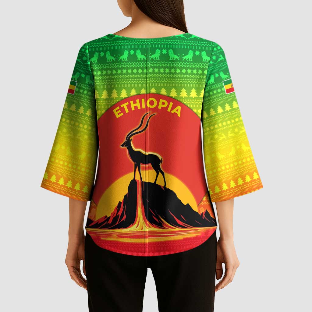 Ethiopia Christmas Kimono Sleeve Blouse with Mountain Gazelle Sunset Ethiopian Flag Colors and Tribal Pattern Design - Wonder Print Shop