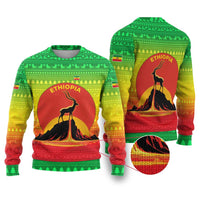 Ethiopia Christmas Ugly Christmas Sweater with Mountain Gazelle Sunset Ethiopian Flag Colors and Tribal Pattern Design - Wonder Print Shop