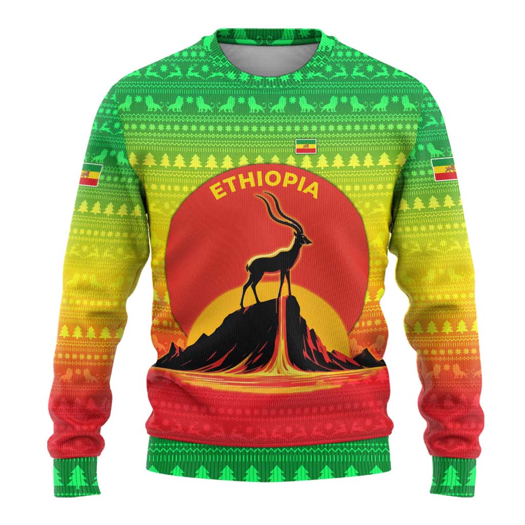 Ethiopia Christmas Ugly Christmas Sweater with Mountain Gazelle Sunset Ethiopian Flag Colors and Tribal Pattern Design - Wonder Print Shop
