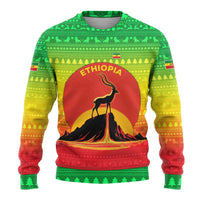 Ethiopia Christmas Ugly Christmas Sweater with Mountain Gazelle Sunset Ethiopian Flag Colors and Tribal Pattern Design - Wonder Print Shop