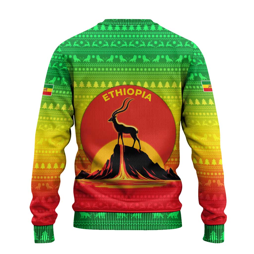 Ethiopia Christmas Ugly Christmas Sweater with Mountain Gazelle Sunset Ethiopian Flag Colors and Tribal Pattern Design - Wonder Print Shop