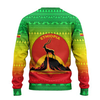 Ethiopia Christmas Ugly Christmas Sweater with Mountain Gazelle Sunset Ethiopian Flag Colors and Tribal Pattern Design - Wonder Print Shop