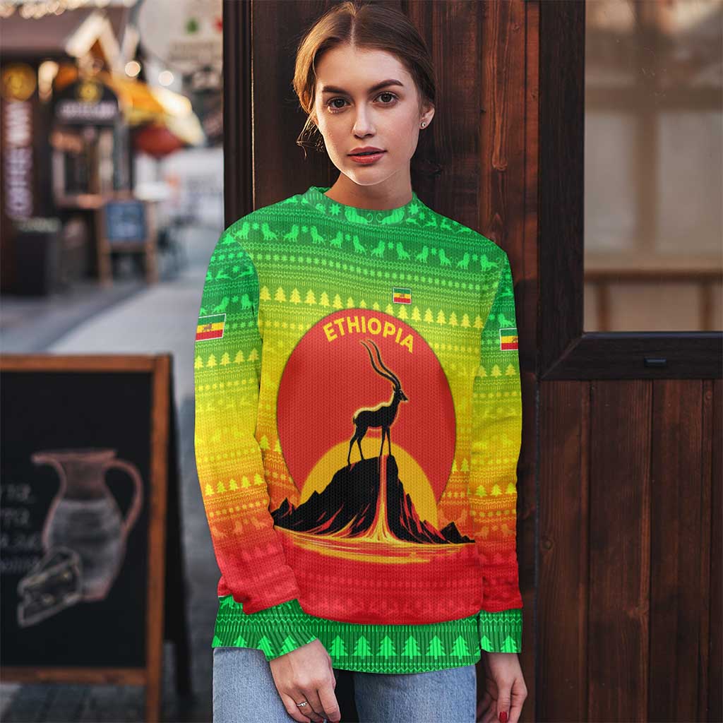 Ethiopia Christmas Ugly Christmas Sweater with Mountain Gazelle Sunset Ethiopian Flag Colors and Tribal Pattern Design - Wonder Print Shop